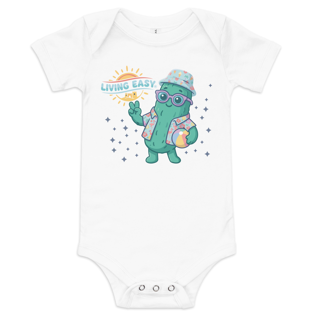 White short-sleeve baby bodysuit with a colorful graphic of a green cartoon character wearing sunglasses and a hat, next to the text 'LIVING EASY' and small star accents.