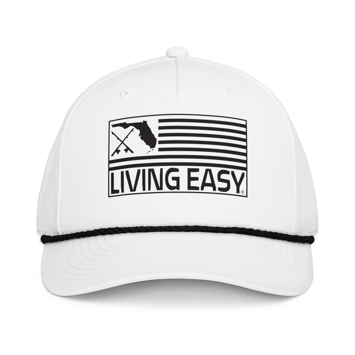 A white baseball cap with a black rope detail across the brim and a black printed graphic on the front featuring the text 'LIVING EASY' and a stylized flag design.