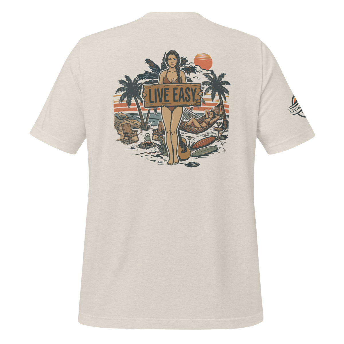 Beige t-shirt with a tropical graphic and 'Live Easy' text on a white background
