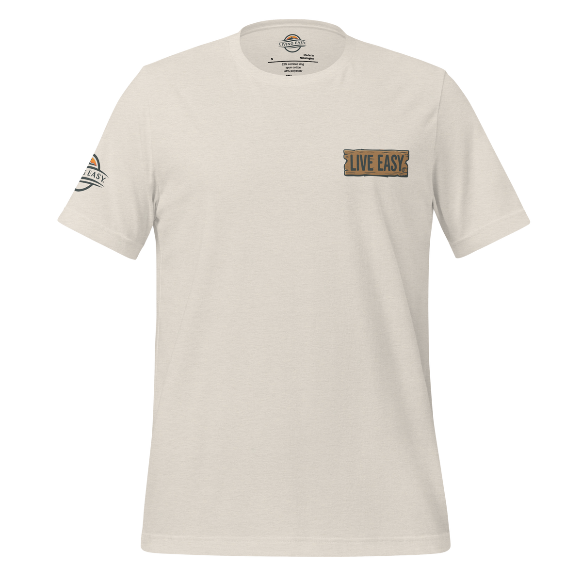 Beige t-shirt with 'Live Easy' patch on a white background