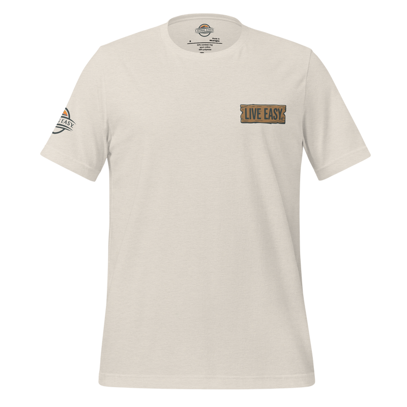Beige t-shirt with 'Live Easy' patch on a white background