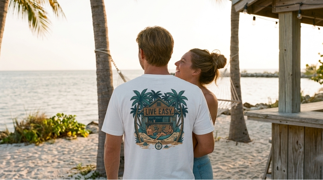 Man and woman standing on a beach with palm trees and ocean view