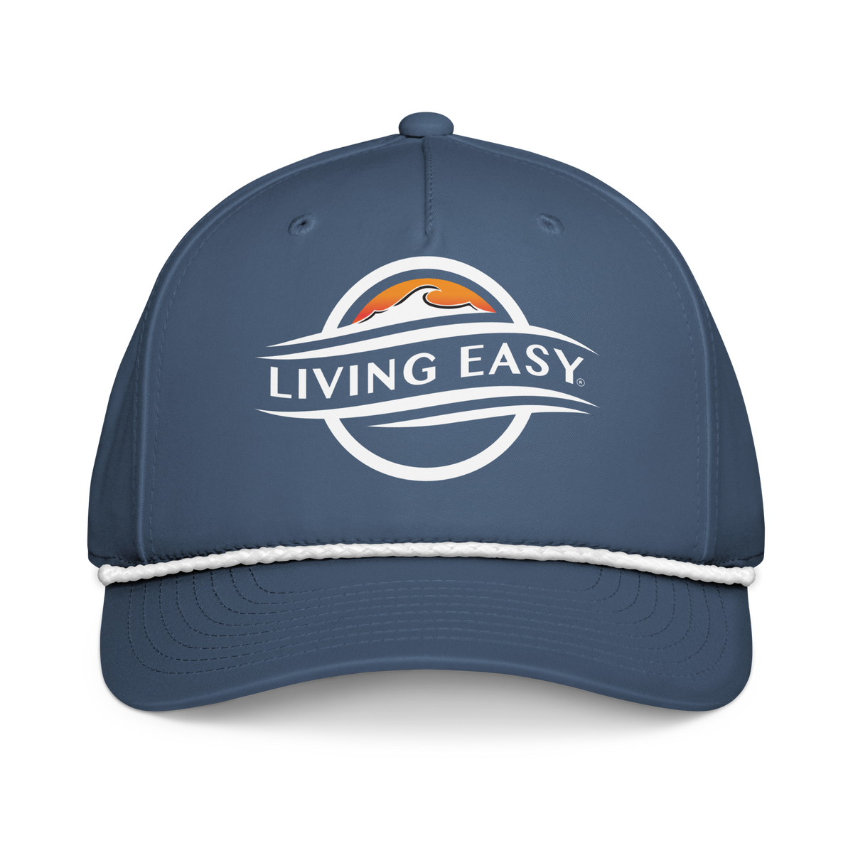 A navy blue baseball cap with a white rope detail along the brim and a circular 'LIVING EASY' logo printed on the front, set against a plain white background.