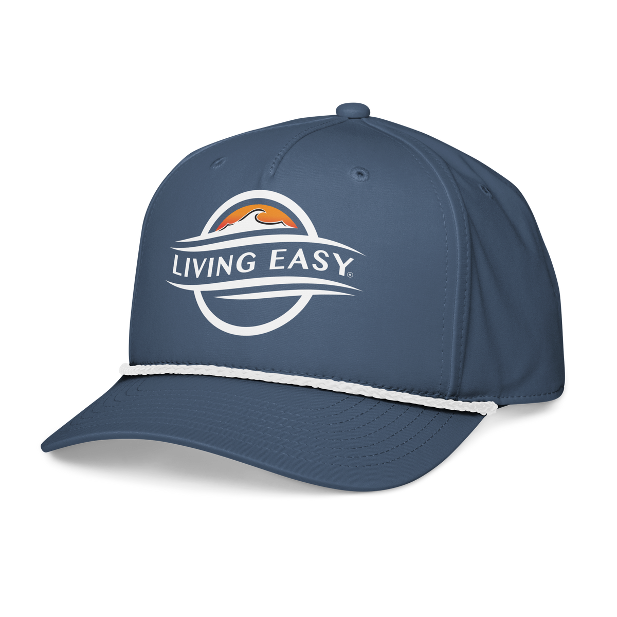 A navy blue baseball cap with a curved brim, featuring a white embroidered 'LIVING EASY' logo with an orange and white wave graphic on the front. A white rope detail is threaded through the eyelets, and the cap is shown on a clean white background with a soft shadow.