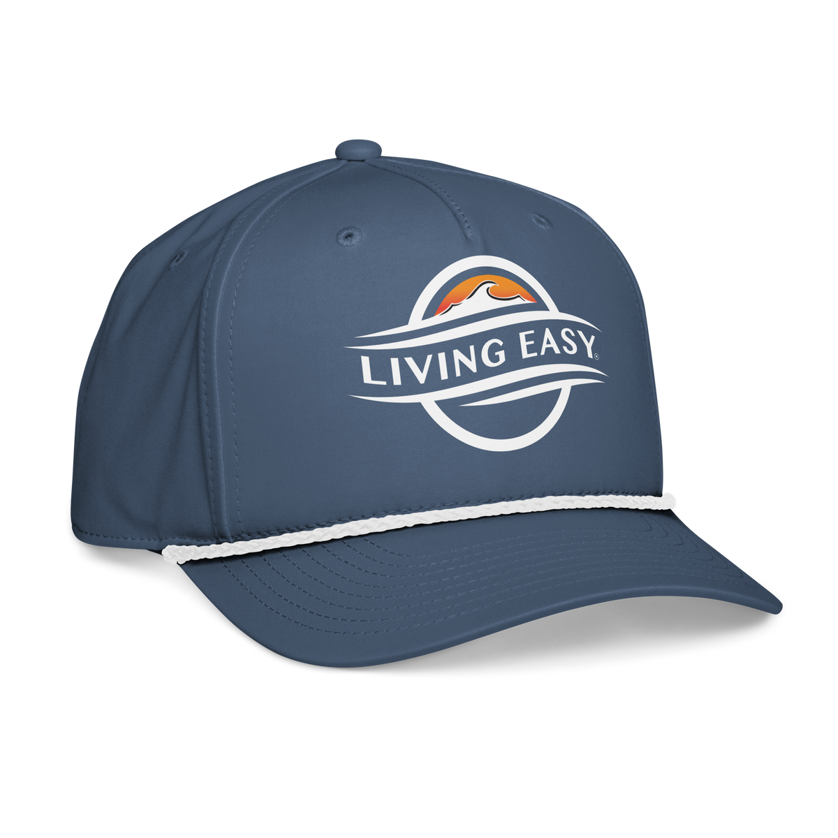 A navy blue baseball cap with a white embroidered logo on the front that reads 'LIVING EASY' with a small orange and yellow wave graphic above it. A white rope detail runs across the brim.