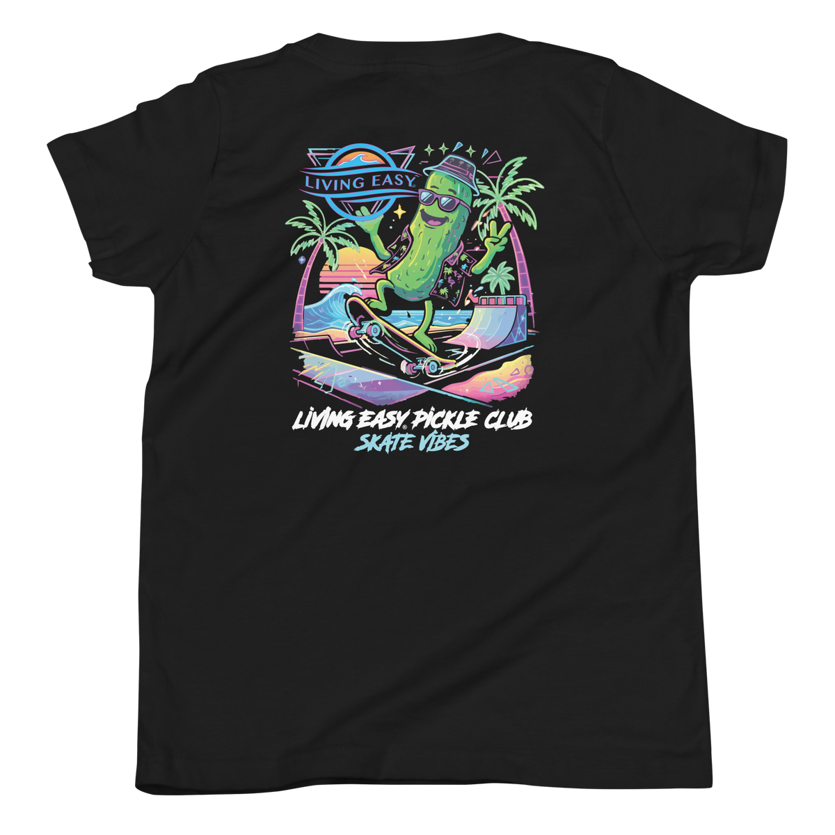 A black short-sleeve t-shirt shown from the back, featuring a colorful graphic of a pickle character riding a skateboard with palm trees and the text 'Living Easy Pickle Club Skate Vibe'.