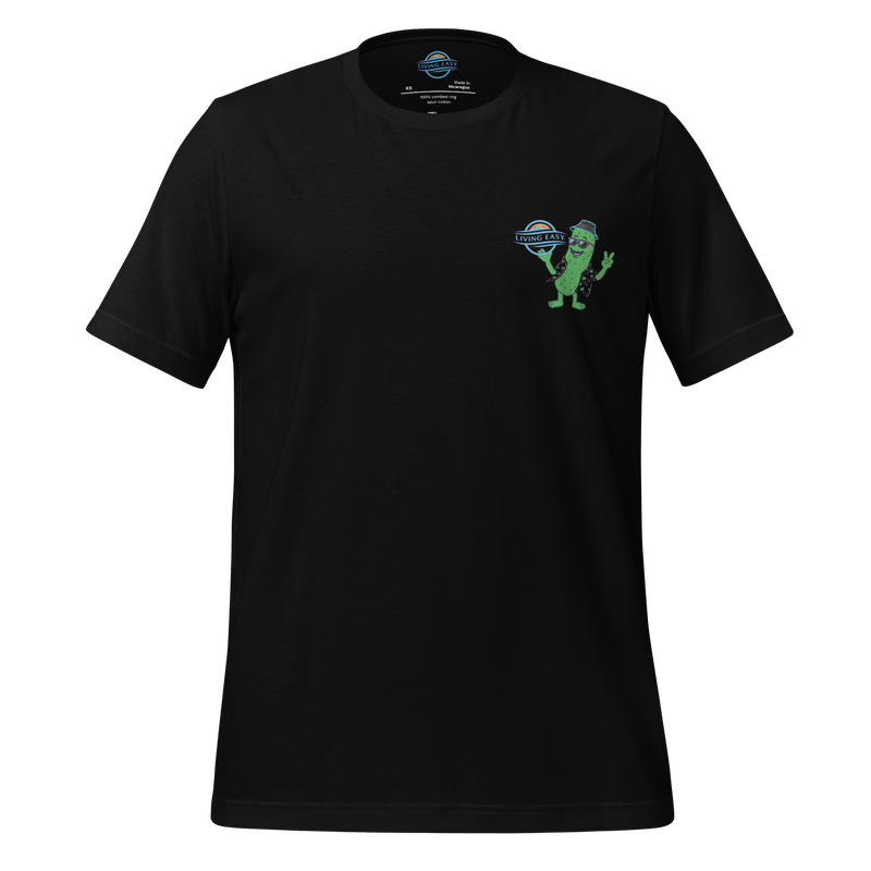 Black t-shirt with a green pickle graphic on a white background