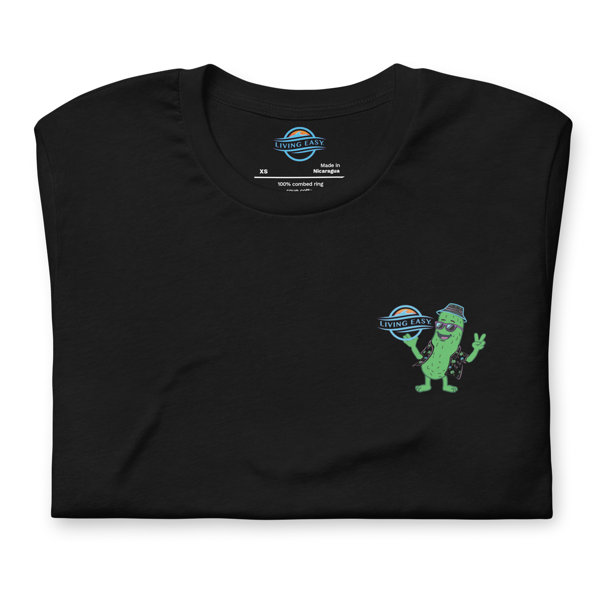 Folded black t-shirt with a living easy logo on the chest against a white background