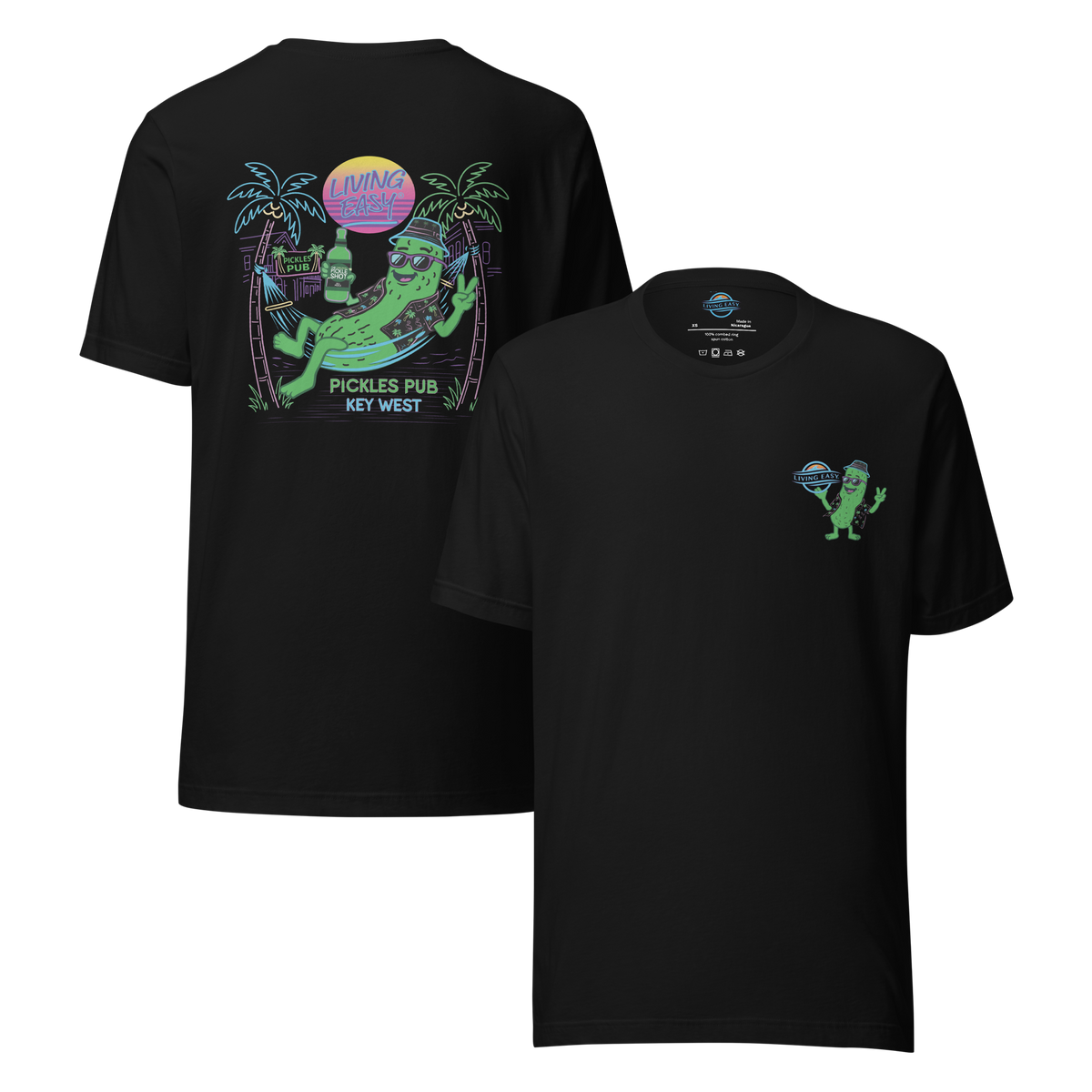 Black t-shirt with a colorful graphic of a pickle and text on the front and back.