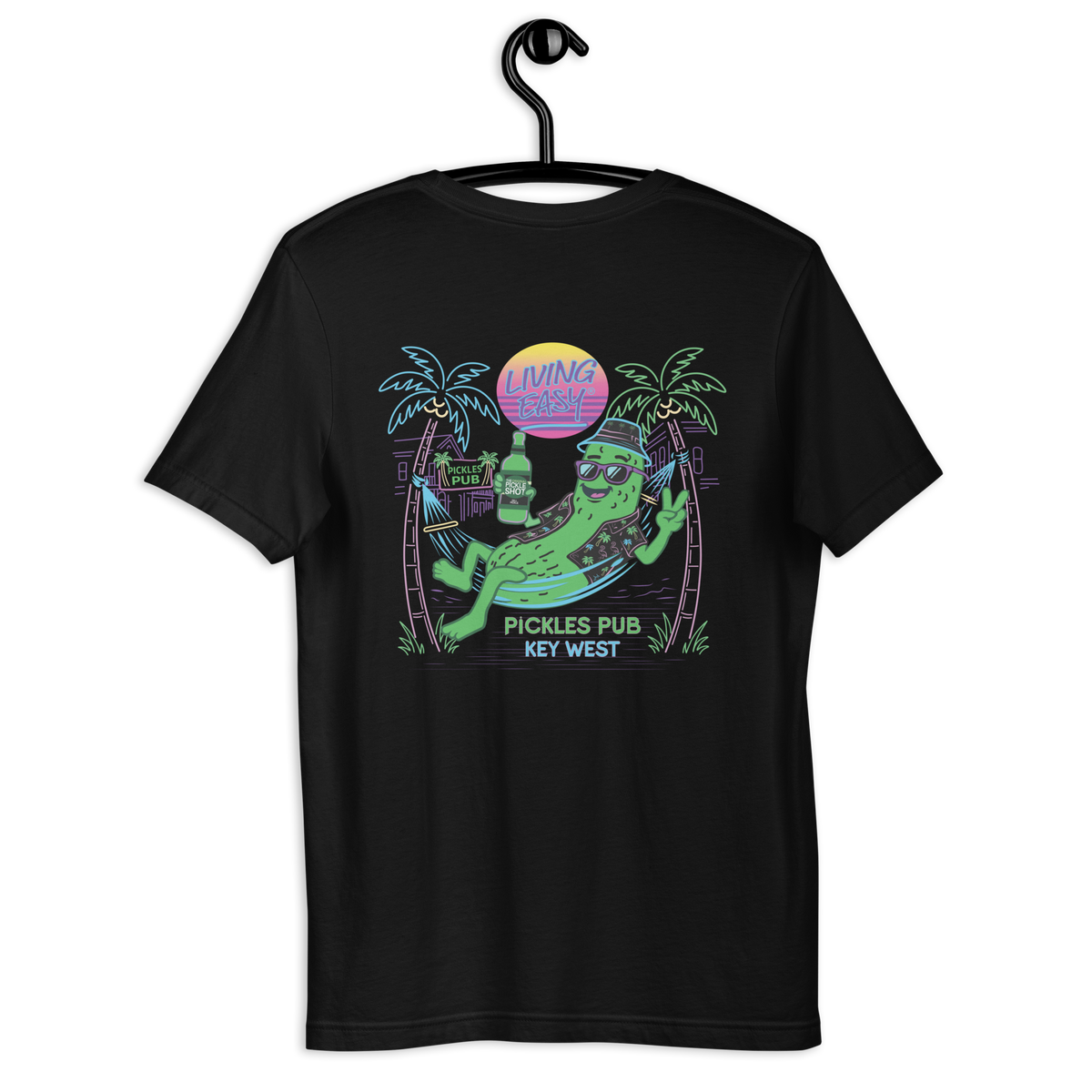 Living Easy Black t-shirt with a colorful graphic design on a hanger against a white background