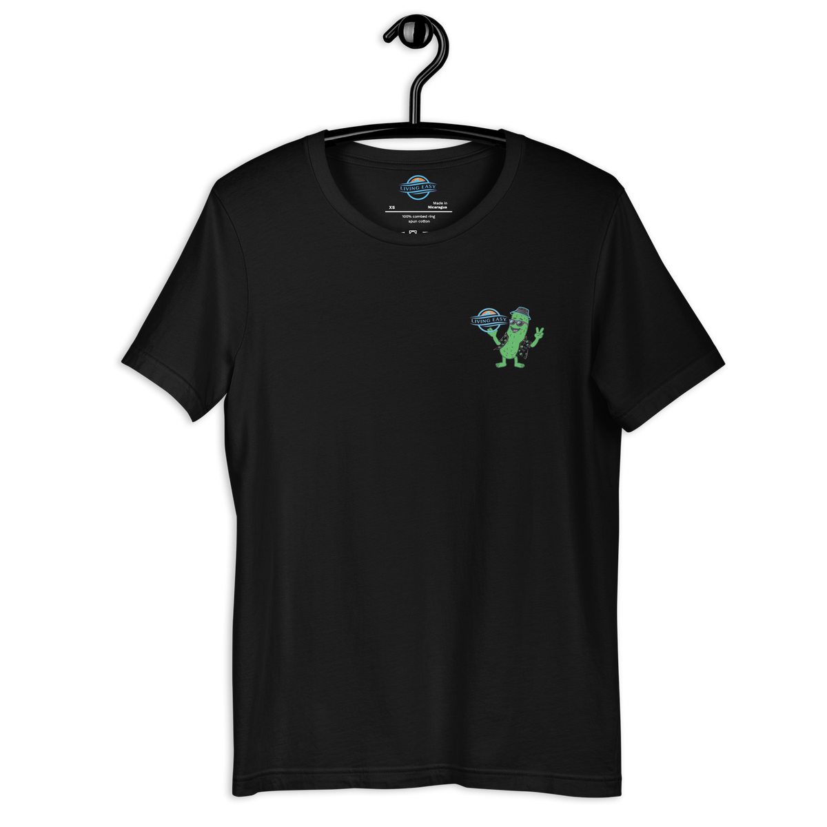 Living Easy Black t-shirt with a green graphic on a hanger against a white background