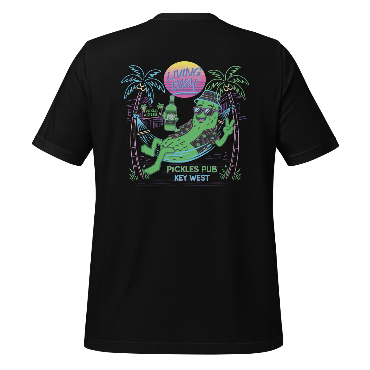 Black t-shirt with a pickle character and tropical design on the back, featuring the text 'Living the Good Life Pickles Pub Key West'.