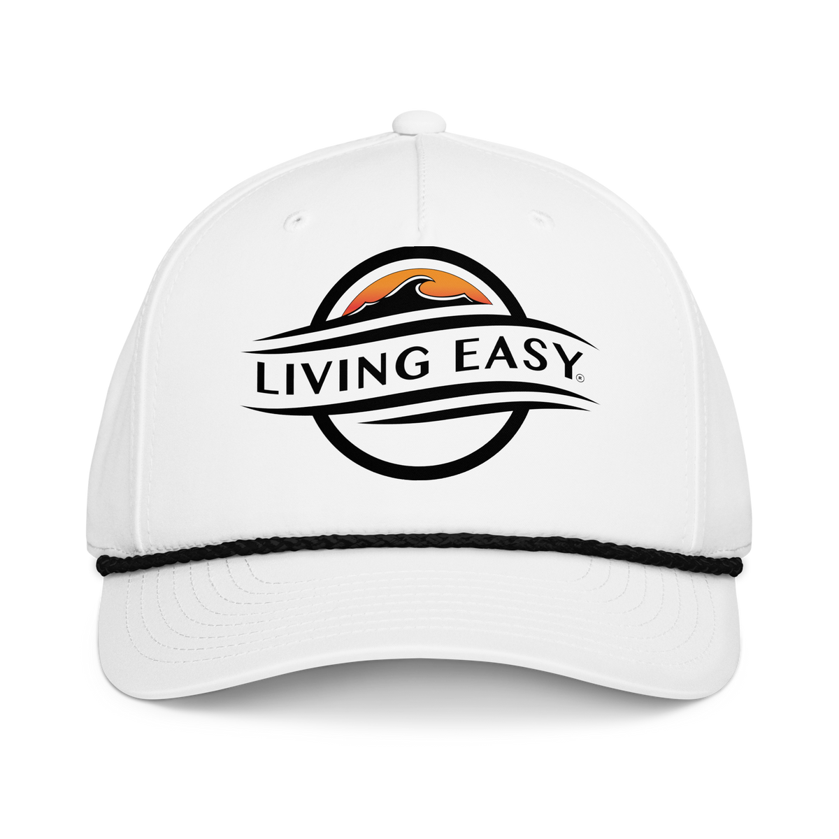 A white structured baseball cap with a black rope detail across the brim and a black, orange, and white 'LIVING EASY' logo printed on the front, shown against a plain white background.